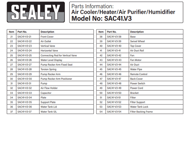 Sealey SAC41 Portable Evaporative Air Cooler With Remote Control 12 Litre Water Tank 240V~50Hz