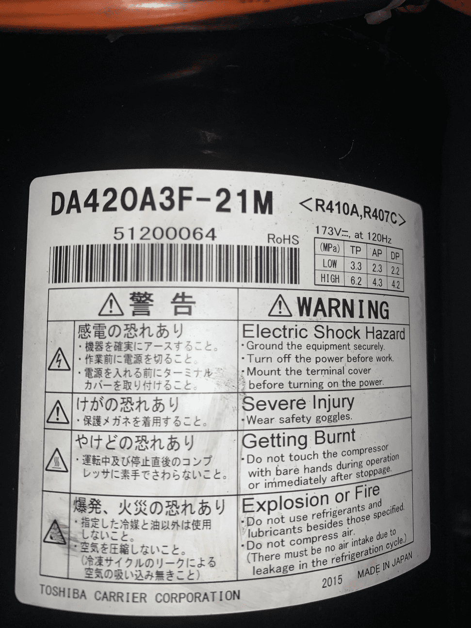 Toshiba Air Conditioning Spare Part 43041774 COMPRESSOR DA420A3F21M