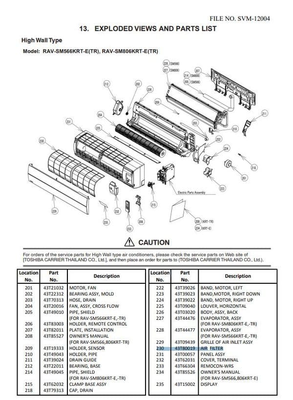Toshiba Air Conditioning Spare Part 43T80019 AIR FILTER 1 Piece For MMK RAS