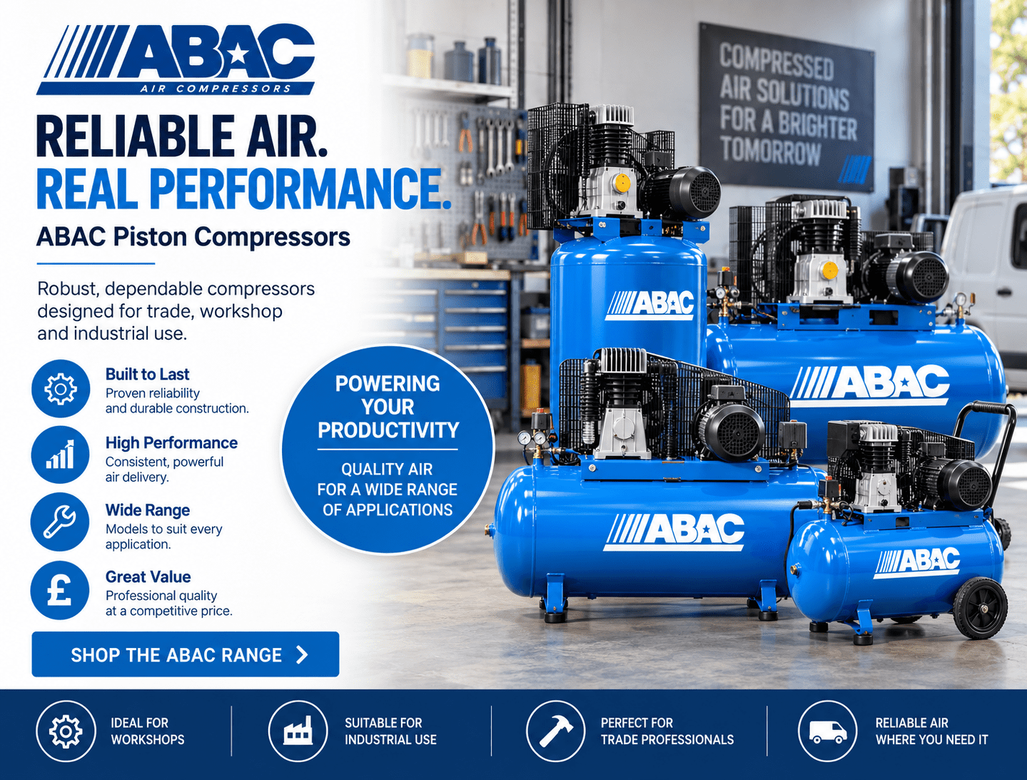 Designed for professional and industrial compressed air applications, the ABAC Tech delivers reliable oil-free performance