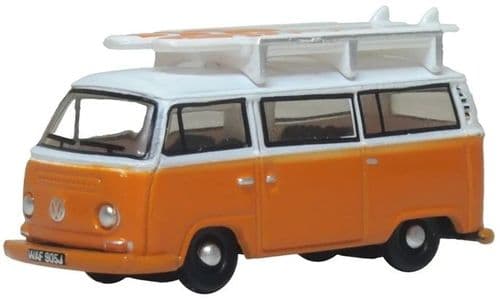 Oxford Diecast VW T2 Bay Window Bus/surfboards Signal Orange/White 1:148