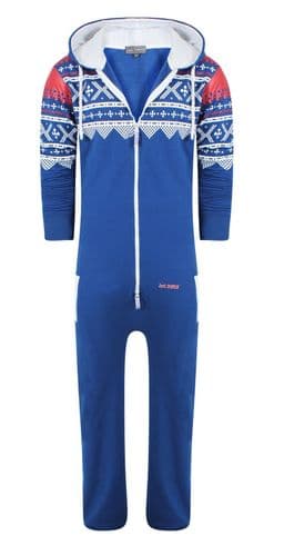 Men's Unisex Aztec Royal Brushed Fleece Zip Up Playsuit Jumpsuit All In One Hooded Onesie