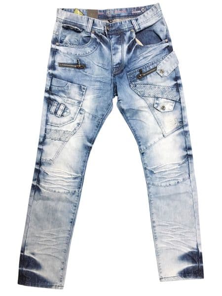 idenim Mens Funky Blue Acid Stonewashed Casual Denim Regular Tapered Fit Jeans