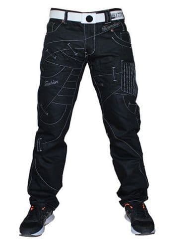 Kosmo Lupo Jeans Black Designer Overlay Detail Detailed Tapered Fit Km130