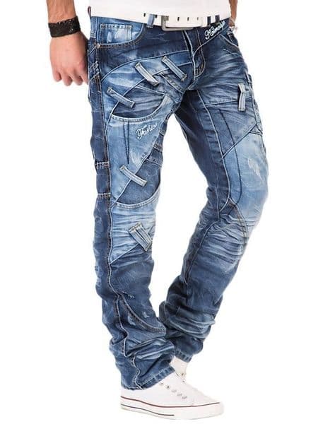 Kosmo Lupo Jeans Light Blue Designer Zip Detail Detailed Tapered Fit Km130