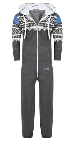 Men's Unisex Aztec Grey Brushed Fleece Zip Up Playsuit Jumpsuit All In One Hooded Onesie