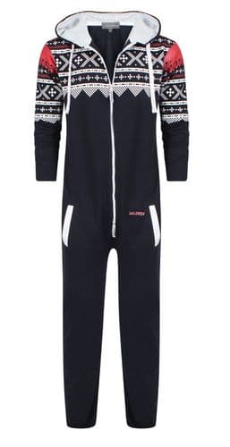 Men's Unisex Aztec Navy Brushed Fleece Zip Up Playsuit Jumpsuit All In One Hooded Onesie