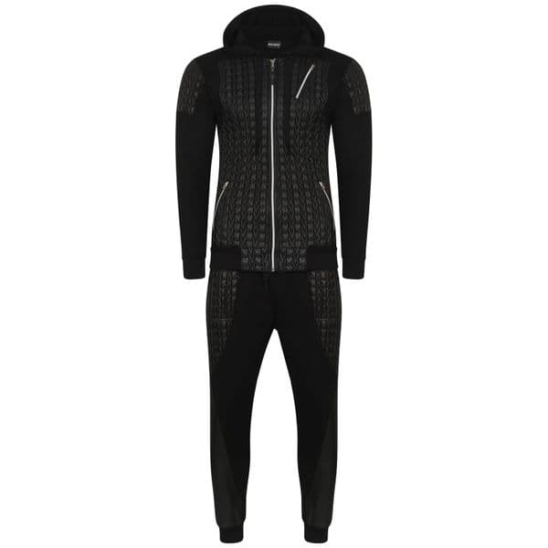 Mens Italian DG Designer fitted Hooded Tracksuit Black Quilt Fabric detail