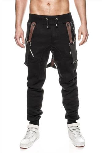 Mens KDWN Silm Fit Zip Fleece Bottoms Joggers Pants With Braces Pull Cordes