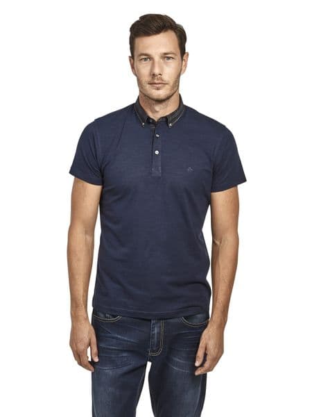 Mish Mash Men's Designer Navy Short Sleeve Button Down Check Collar Polo Shirt