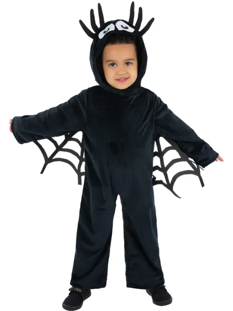 Toddler Spider Costume Black Hooded Jumpsuit with Web Wings