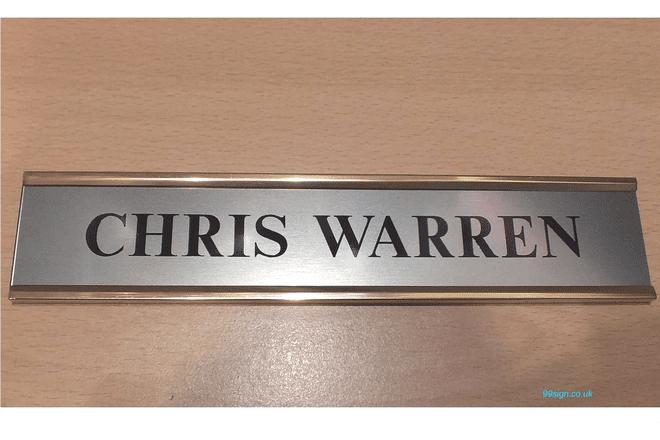 Door NamePlate made to order | Brushed Stainless steel effect with Gold Aluminium Holder