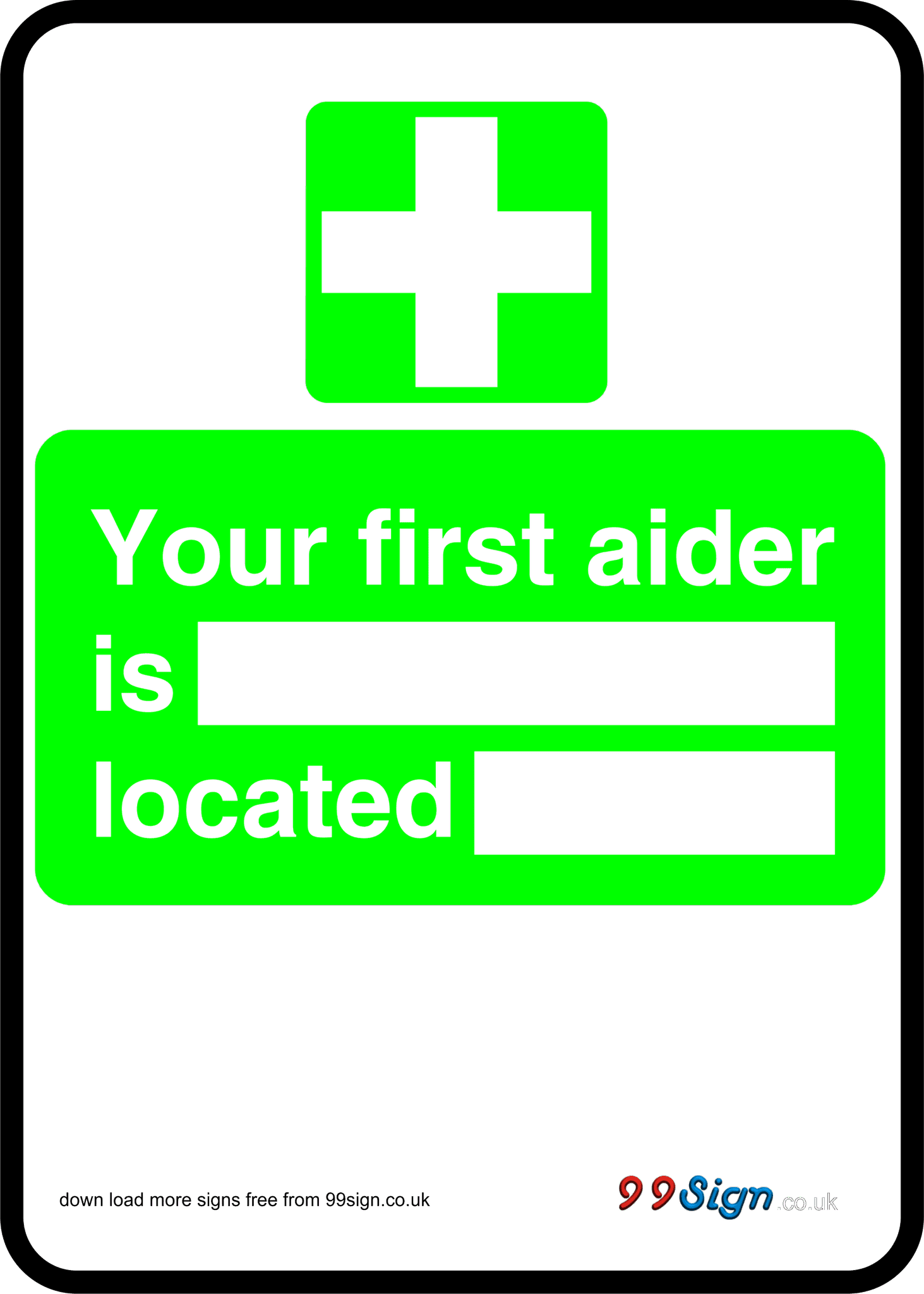 First aid sign your first aider is located free template clipart Printable signage or low cost vinyl