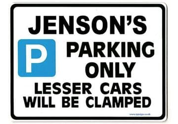 JENSON'S Personalised Gift |Unique Present for Him | Parking Sign - Size Large - Metal faced