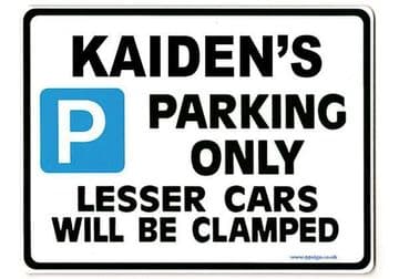 KAIDEN'S Personalised Gift |Unique Present for Him | Parking Sign - Size Large - Metal faced