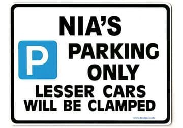 NIA'S Personalised Parking Sign Gift | Unique Car Present for Her | Size Large - Metal faced
