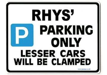 RHYS' Personalised Gift |Unique Present for Him | Parking Sign - Size Large - Metal faced