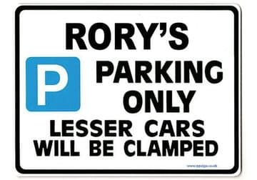 RORY'S Personalised Gift |Unique Present for Him | Parking Sign - Size Large - Metal faced