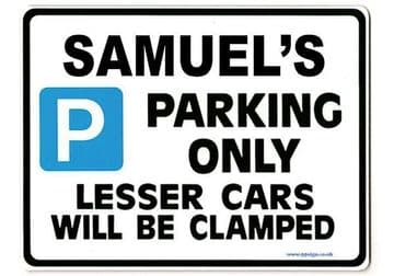 SAMUEL'S Personalised Gift |Unique Present for Him | Parking Sign - Size Large - Metal faced