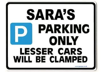 SARA'S Personalised Parking Sign Gift | Unique Car Present for Her | Size Large - Metal faced