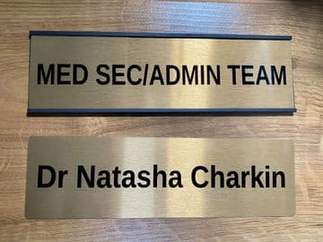 THE COURTYARD SURGERY custom Sign & holder - Arimo Bold -Gold colour