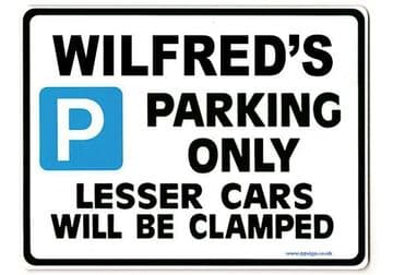 WILFRED'S Personalised Gift |Unique Present for Him | Parking Sign - Size Large - Metal faced