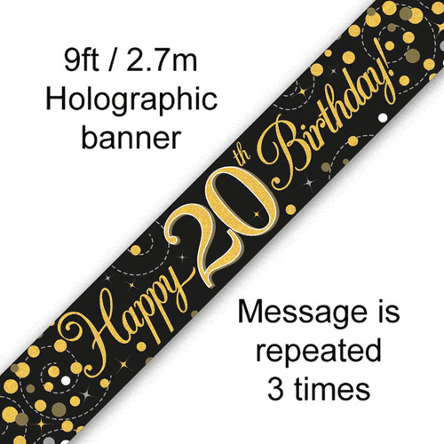 Black and Gold Sparkling Fizz 20th Birthday Foil Banner