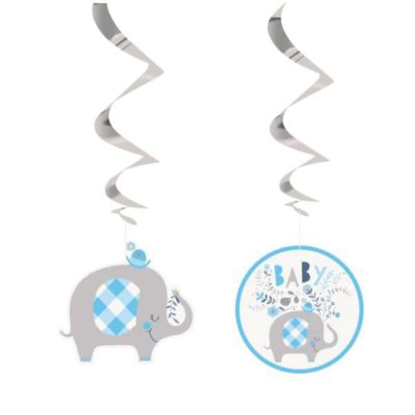 Blue Baby Elephant Hanging Swirl Decoration 3pck