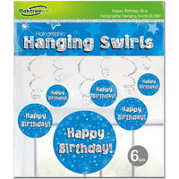 Blue Holographic Happy Birthday Hanging Decorations 6pck