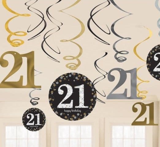 Gold Celebration 21st Birthday Swirl Hanging Decorations 12pck