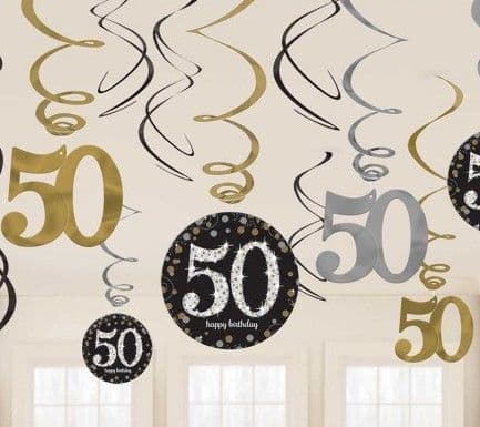 Gold Celebration 50th Birthday Swirl Hanging Decorations 12pck