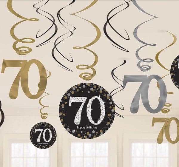 Gold Celebration 70th Birthday Swirl Hanging Decorations 12pck