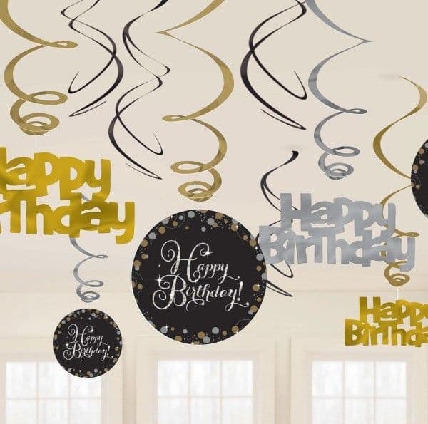 Gold Celebration Happy Birthday Swirl Hanging Decorations 12pck
