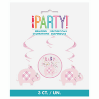 Pink Baby Elephant Hanging Swirl Decorations 3pck