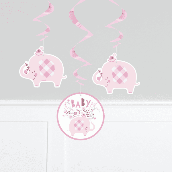 Pink Baby Elephant Hanging Swirl Decorations 3pck