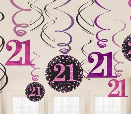 Pink Celebration 21st Birthday Swirl Hanging Decorations 12pck