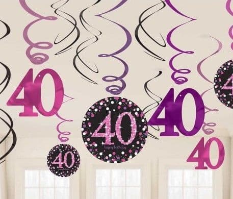 Pink Celebration 40th Birthday Swirl Hanging Decorations 12pck