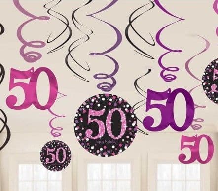 Pink Celebration 50th Birthday Swirl Hanging Decorations 12pck