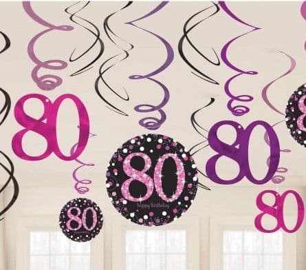 Pink Celebration 80th Birthday Swirl Hanging Decorations 12pck