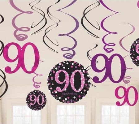 Pink Celebration 90th Birthday Swirl Hanging Decorations 12pck