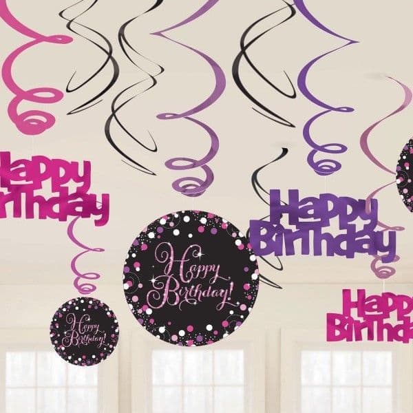 Pink Celebration Happy Birthday Swirl Hanging Decorations 12pck
