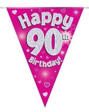 Pink Hearts 90th Birthday Foil Bunting 12.8ft
