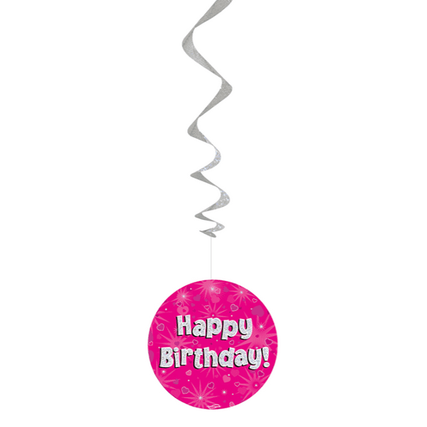Pink Holographic Happy Birthday Hanging Decoration 6pck