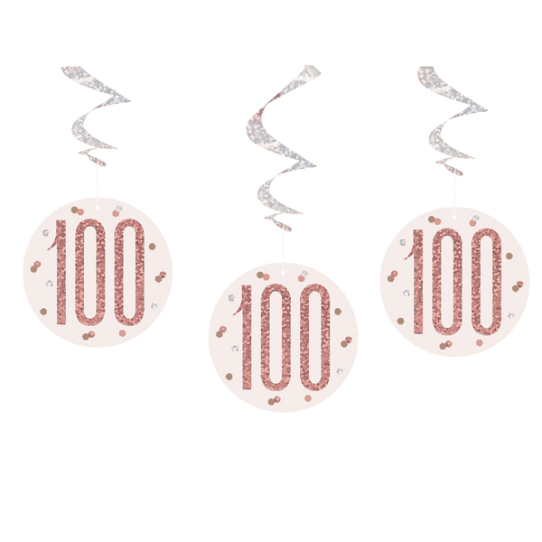 Rose Gold Glitz 100th Birthday Hanging Decorations 6pck