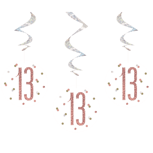 Rose Gold Glitz 13th Birthday Hanging Decorations 6pck