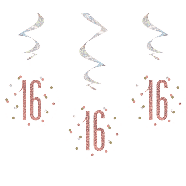 Rose Gold Glitz 16th Birthday Hanging Decorations 6pck