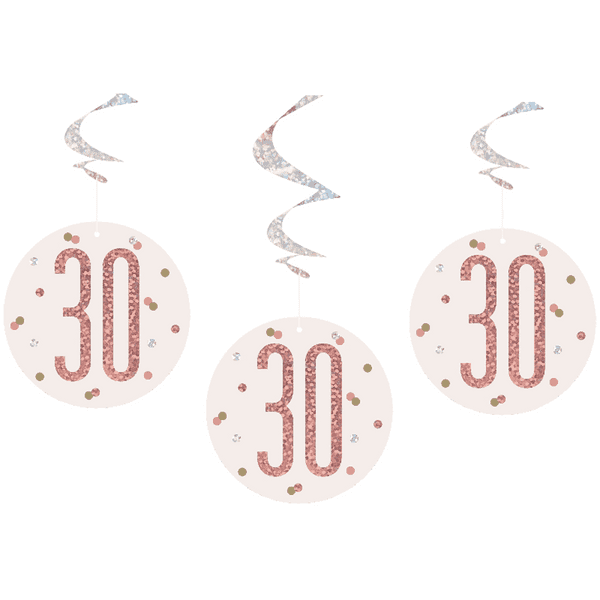 Rose Gold Glitz 30th Birthday Hanging Decorations 6pck