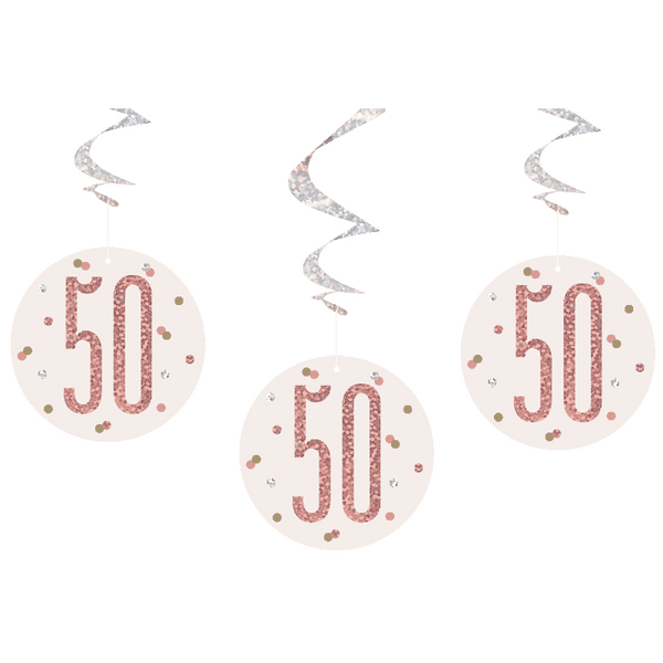 Rose Gold Glitz 50th Birthday Hanging Decorations 6pck