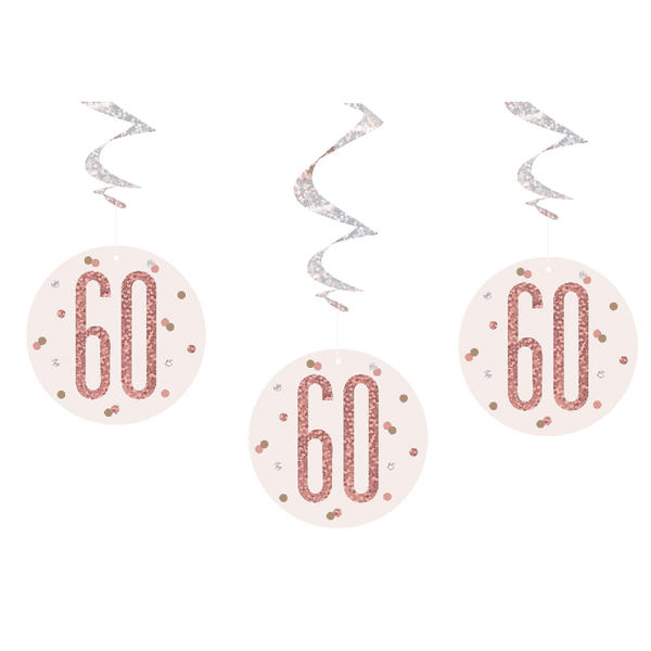 Rose Gold Glitz 60th Birthday Hanging Decorations 6pck