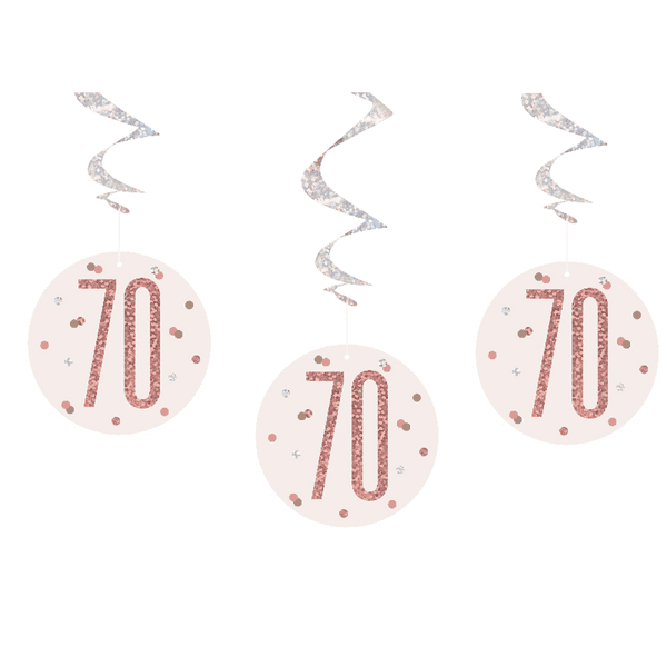 Rose Gold Glitz 70th Birthday Hanging Decorations 6pck